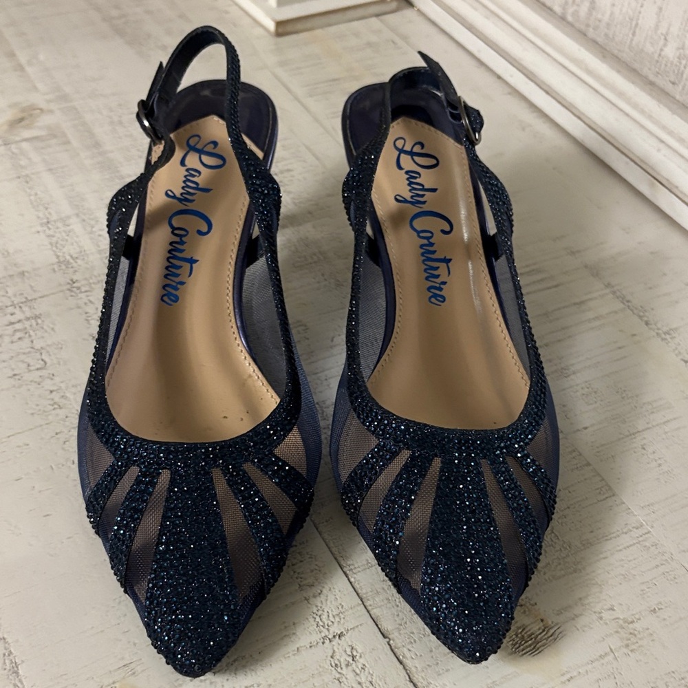 Lady Couture Navy Glitter Pointed Slingback Heels